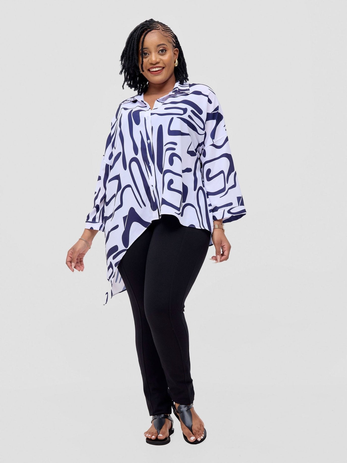 Vivo Serwa Asymmetric Top - White / Navy Sera Print - Shopzetu