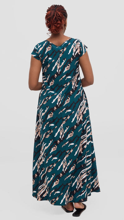 Vivo Basic Cap Sleeve Maxi Tent Dress - Dark Green / Black Print - Shopzetu