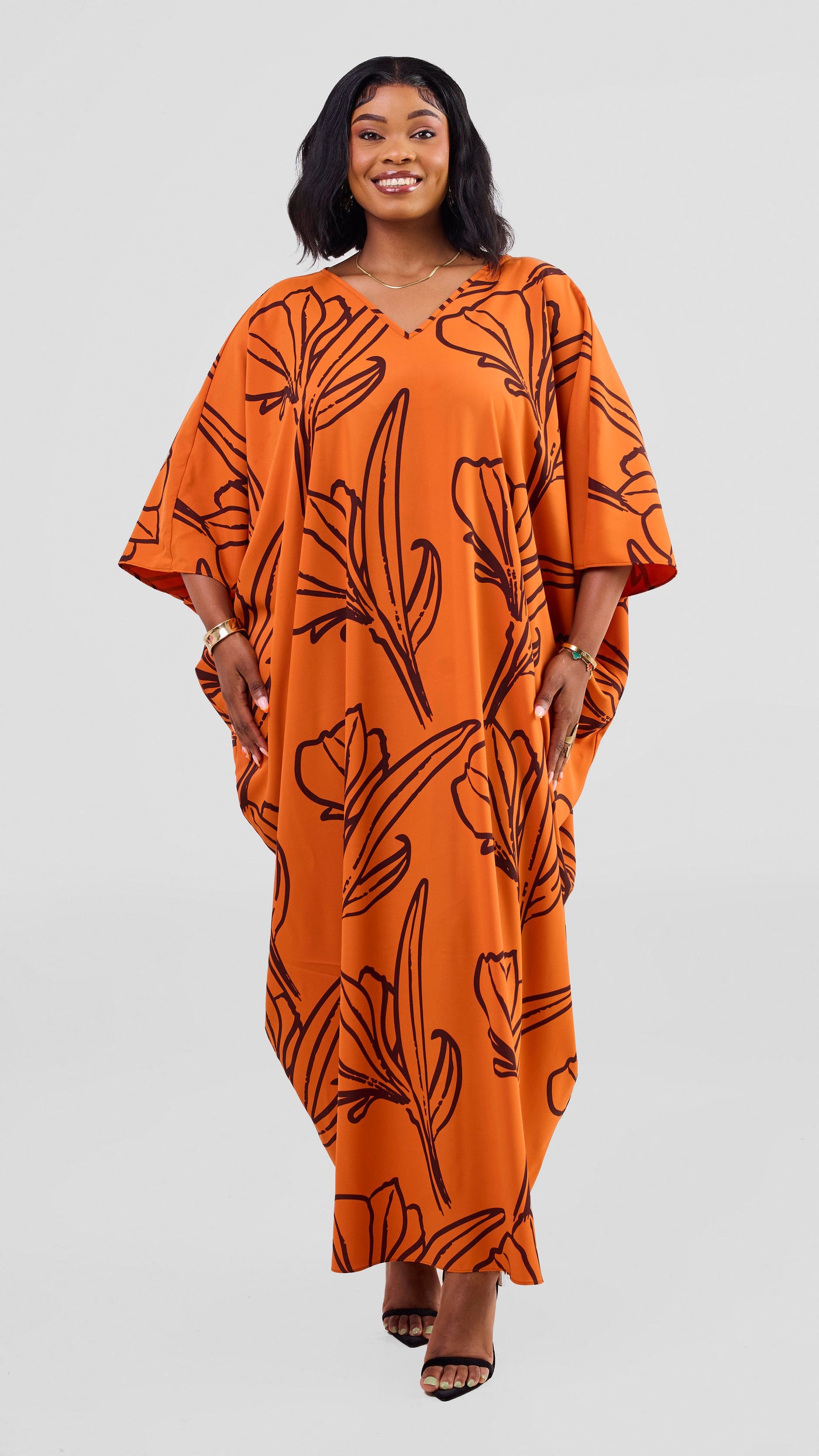 Vivo Ayla Maxi Kaftan Dress - Dark Orange / Brown Nola Print