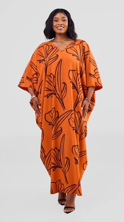 Vivo Ayla Maxi Kaftan Dress - Dark Orange / Brown Nola Print