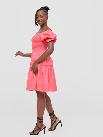 Safari Mara Shirred Bishop Sleeve Dress - Coral - Shopzetu