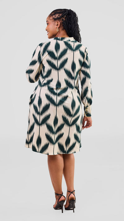 Vivo Kani Tent Shirt Dress - Dark Green / Cream Print