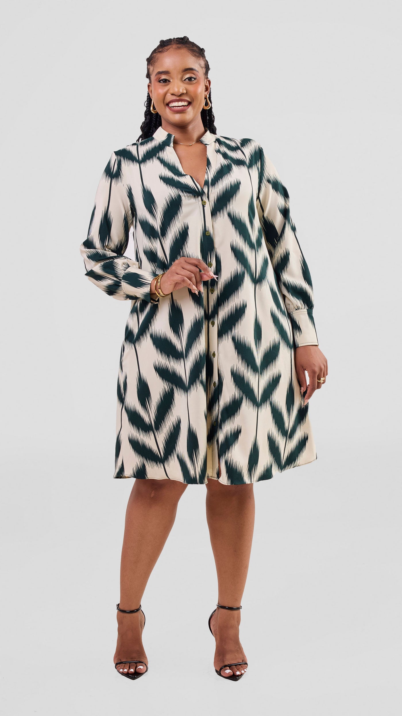 Vivo Kani Tent Shirt Dress - Dark Green / Cream Print