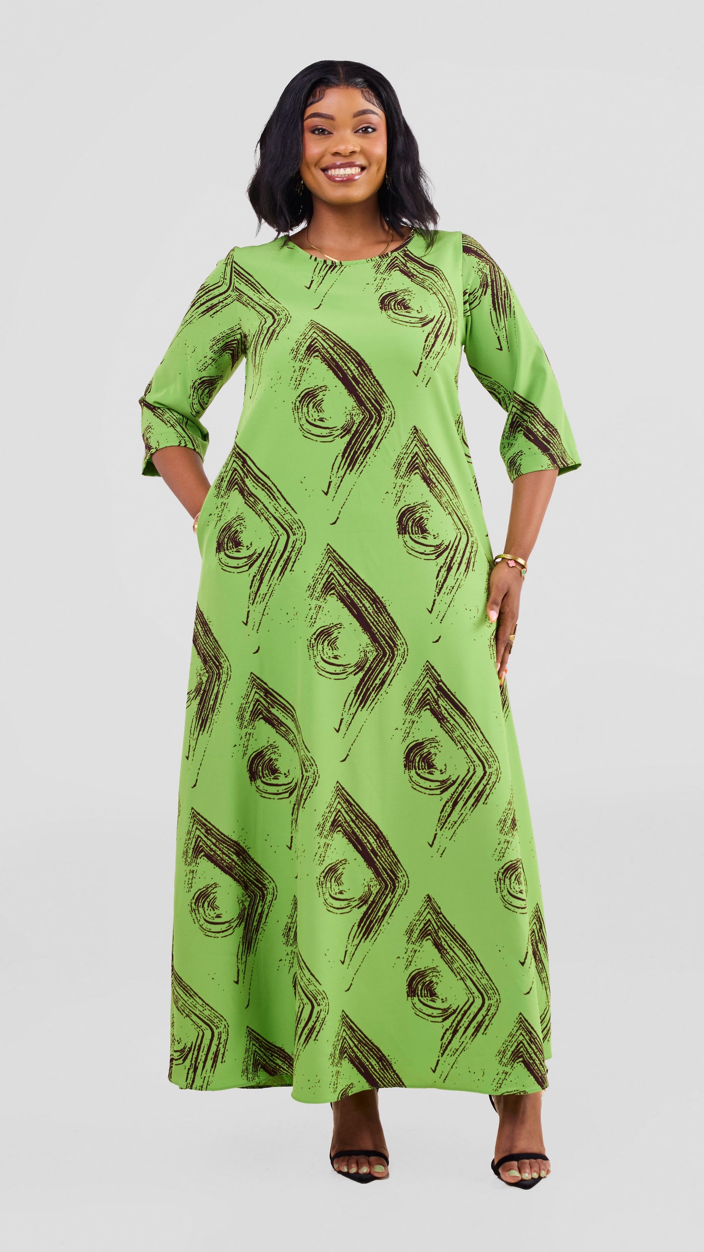 Vivo Maisha 3/4 Sleeve Maxi Dress - Olive Green / Chocolate Iza Print