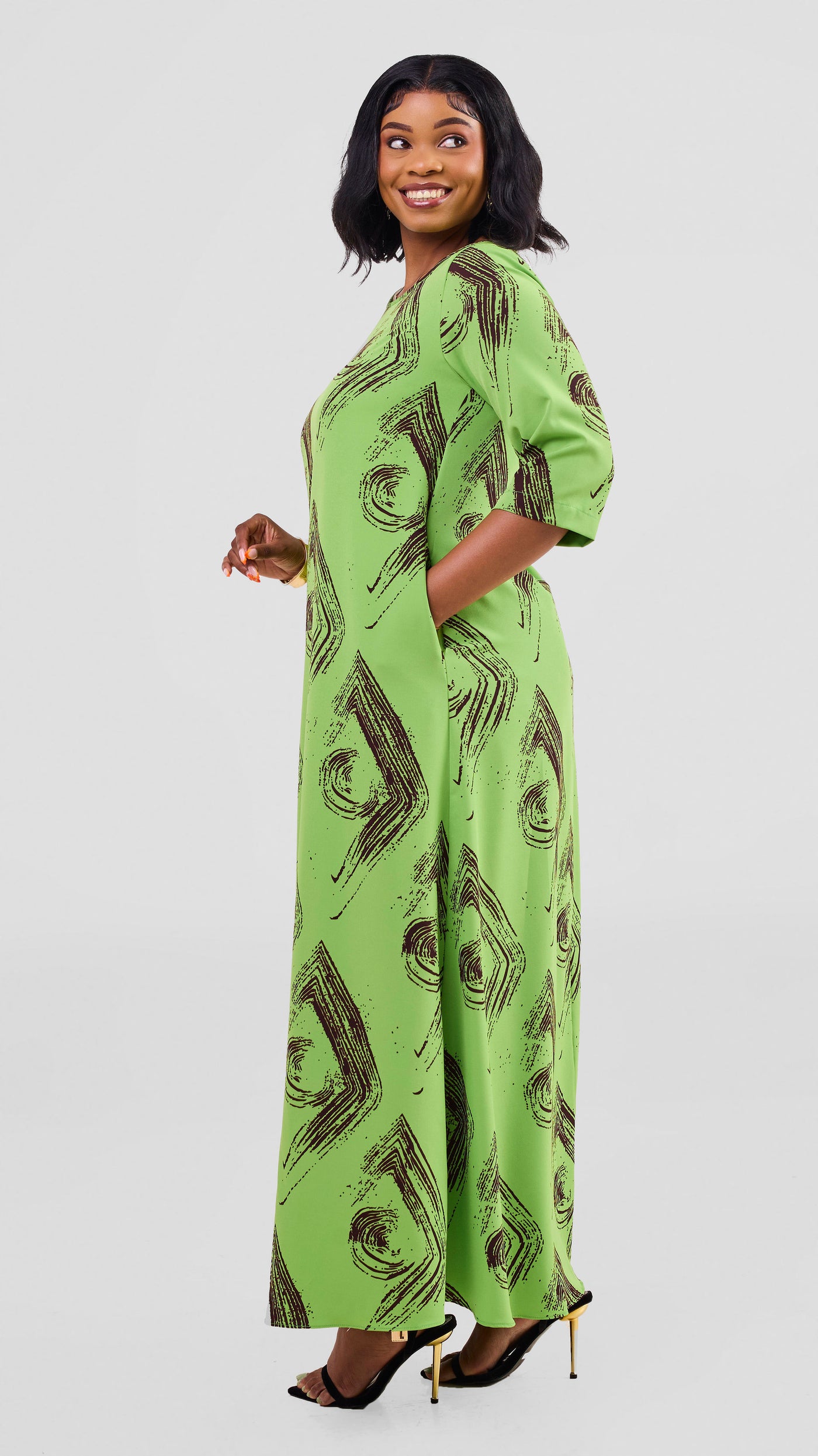 Vivo Maisha 3/4 Sleeve Maxi Dress - Olive Green / Chocolate Iza Print