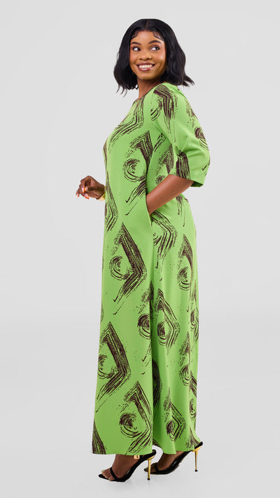 Vivo Maisha 3/4 Sleeve Maxi Dress - Olive Green / Chocolate Iza Print