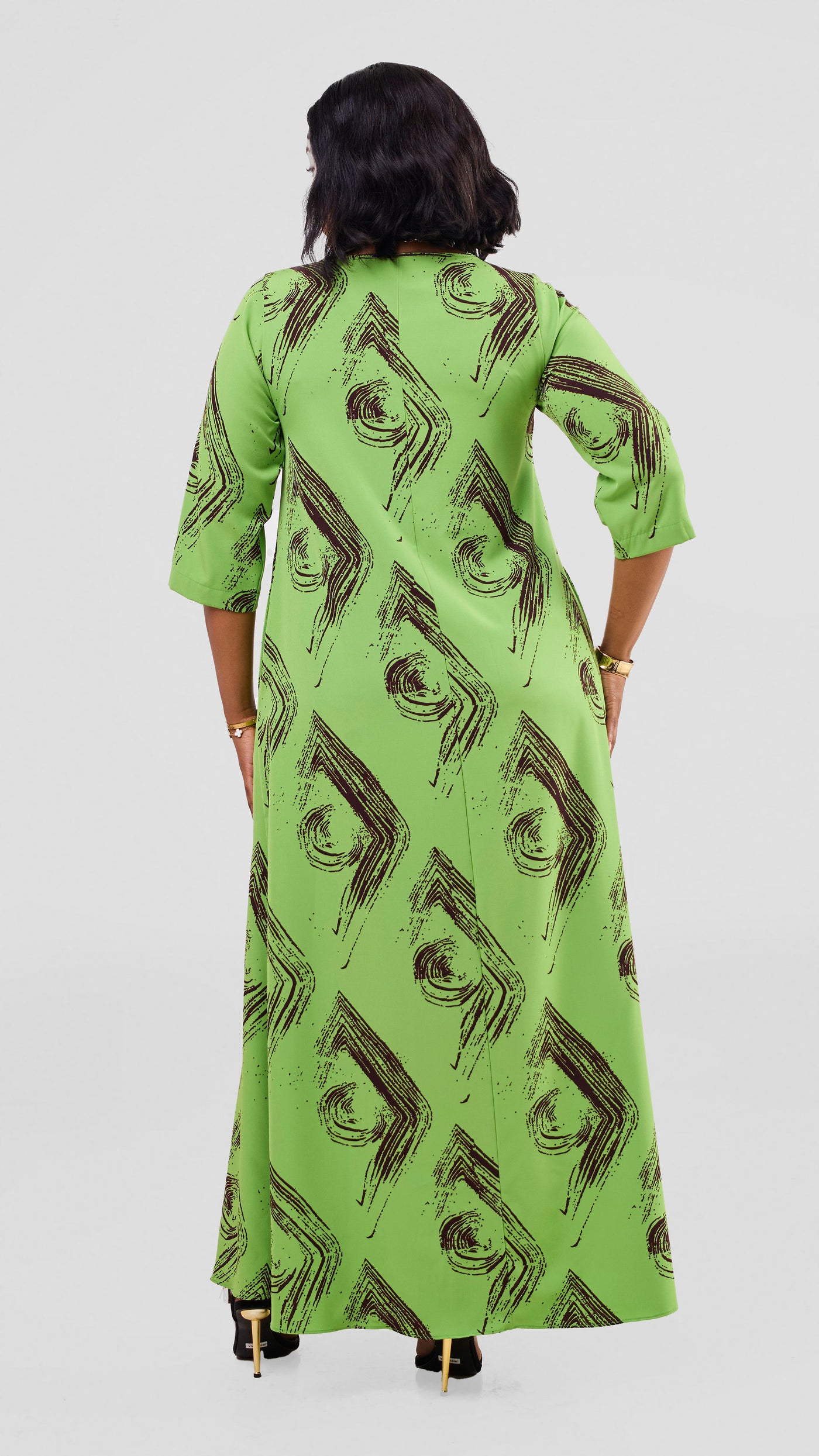 Vivo Maisha 3/4 Sleeve Maxi Dress - Olive Green / Chocolate Iza Print