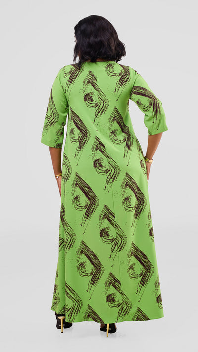 Vivo Maisha 3/4 Sleeve Maxi Dress - Olive Green / Chocolate Iza Print