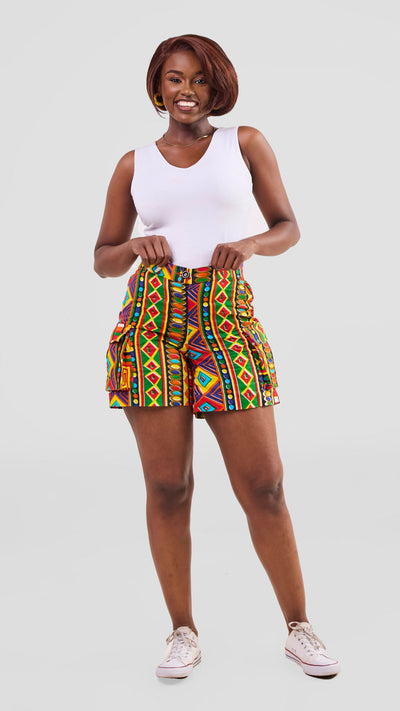 Safari Anga Wide Shorts - Green / Orange Print