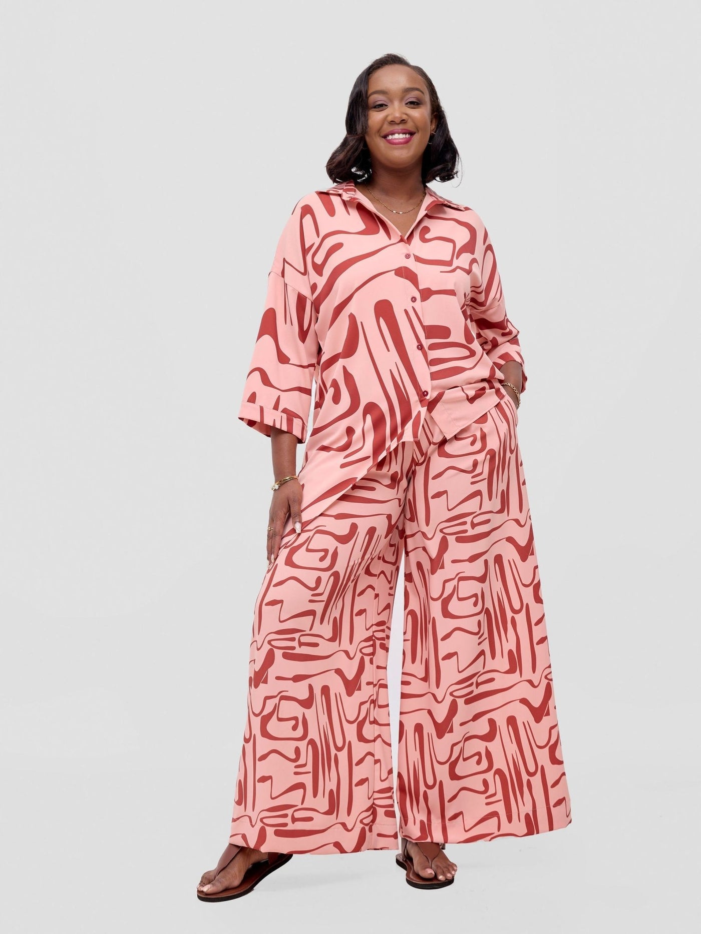 Vivo Serwa Crepe Pants - Peach / Rust Sera Print - Shopzetu