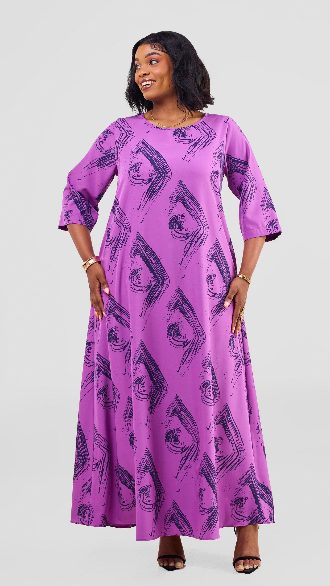 Vivo Maisha 3/4 Sleeve Maxi Dress - Purple / Navy Iza Print