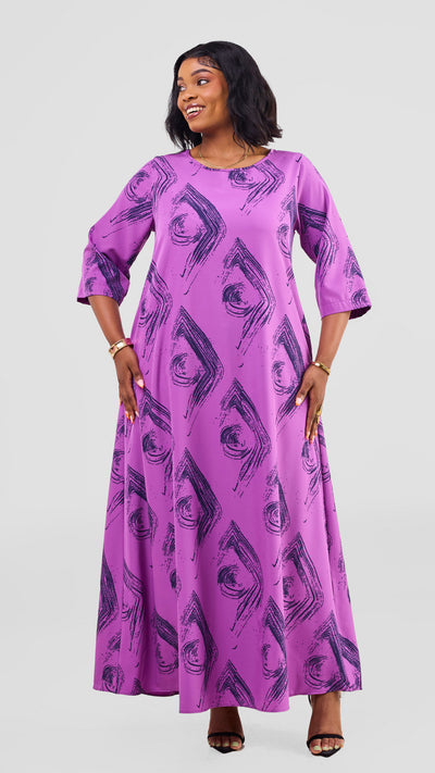 Vivo Maisha 3/4 Sleeve Maxi Dress - Purple / Navy Iza Print
