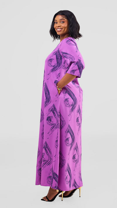 Vivo Maisha 3/4 Sleeve Maxi Dress - Purple / Navy Iza Print