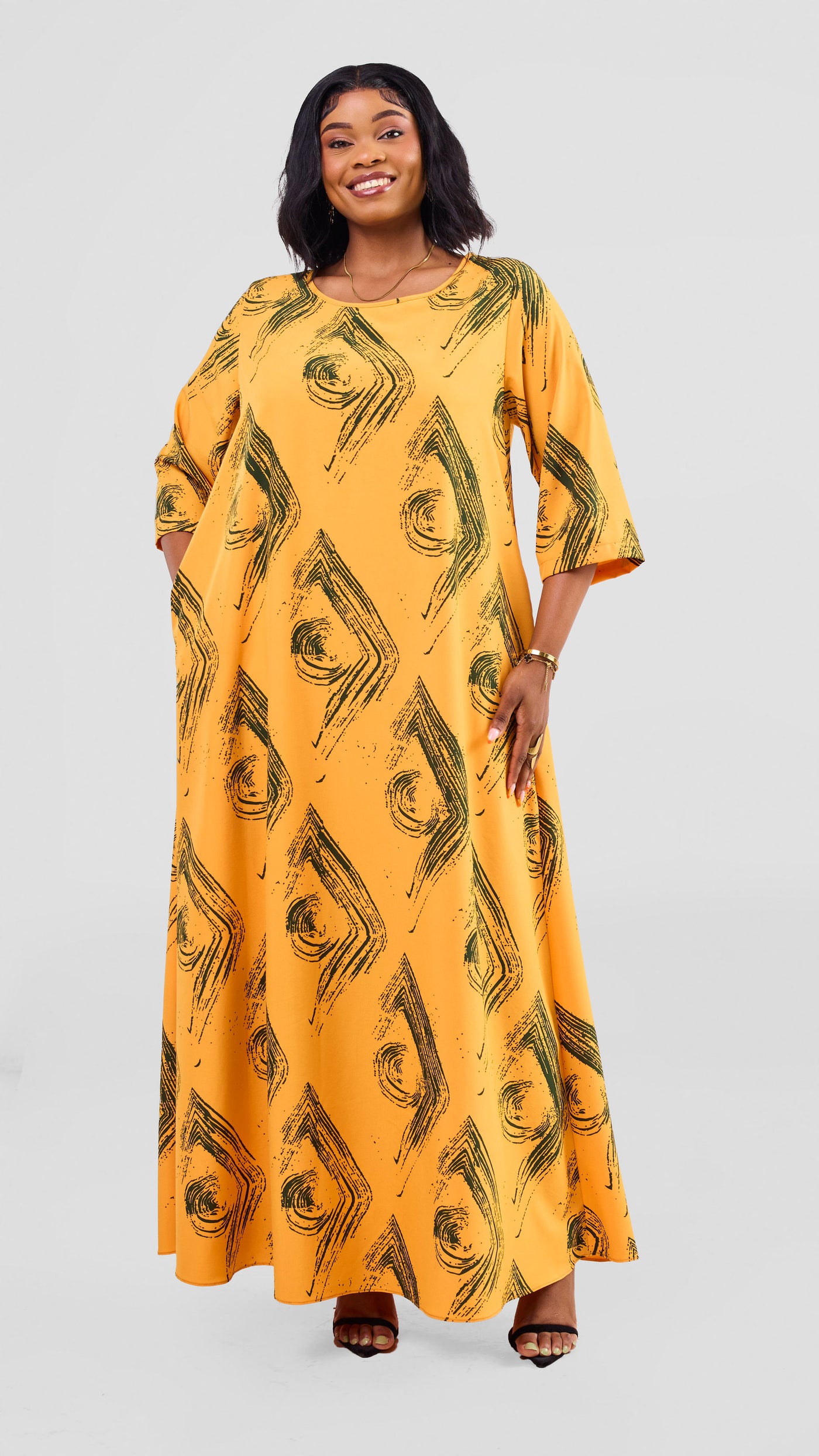 Vivo Maisha 3/4 Sleeve Maxi Dress - Mustard / Green Iza Print