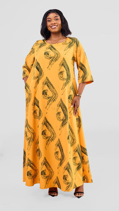 Vivo Maisha 3/4 Sleeve Maxi Dress - Mustard / Green Iza Print