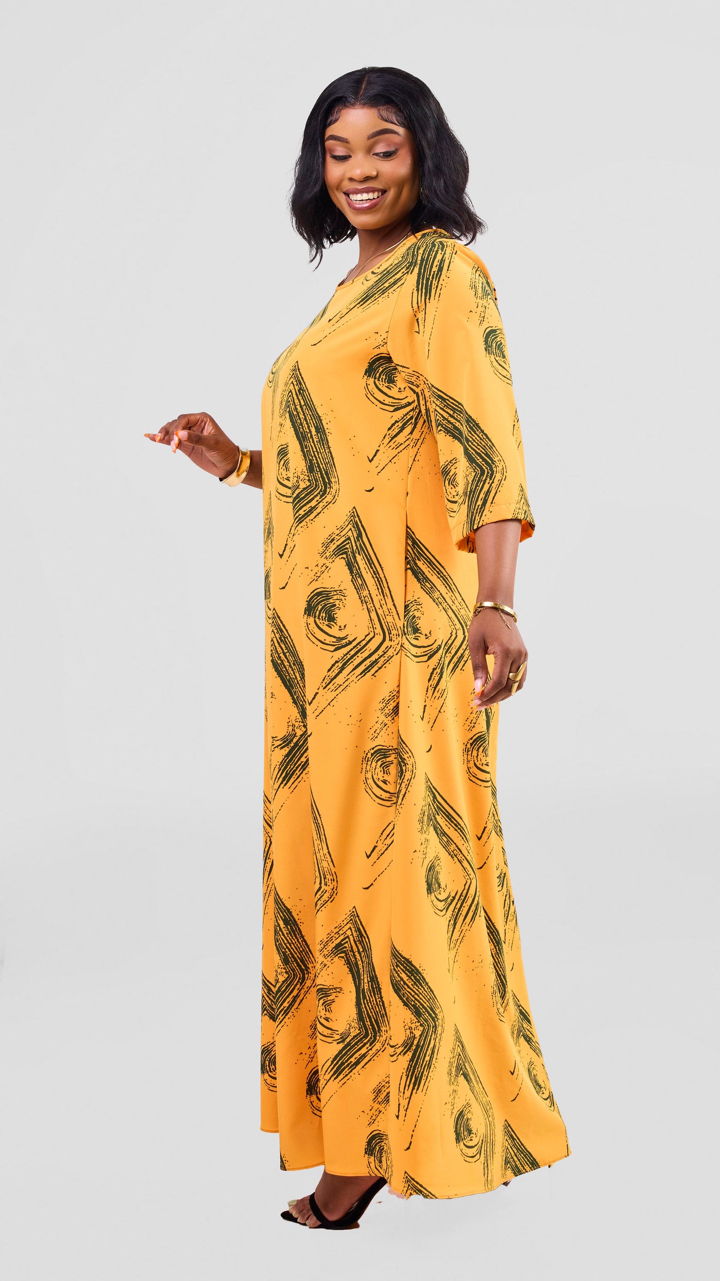 Vivo Maisha 3/4 Sleeve Maxi Dress - Mustard / Green Iza Print
