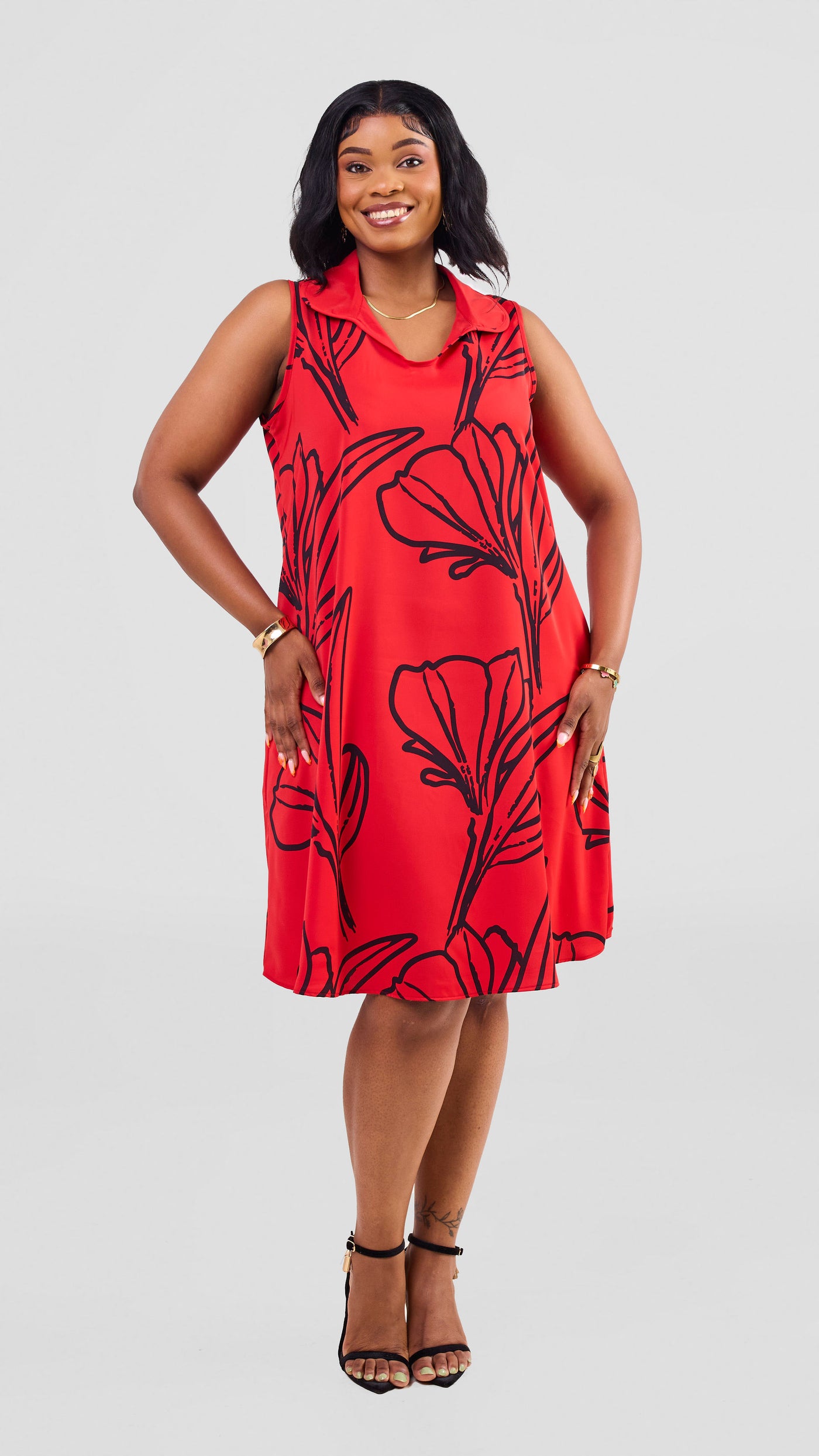 Vivo Asha Sleeveless Knee Length Dress - Red / Black  Nola Print