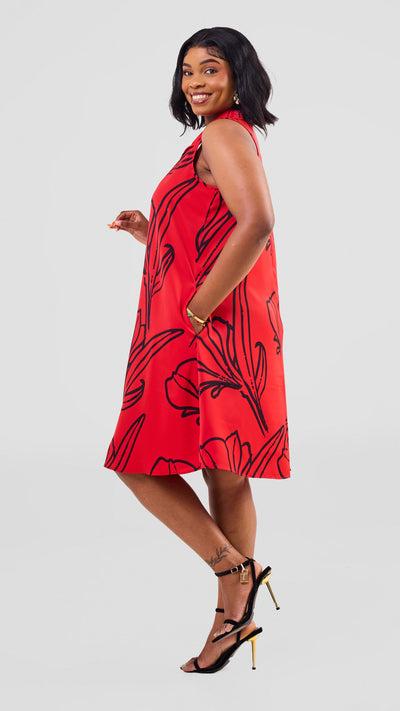 Vivo Asha Sleeveless Knee Length Dress - Red / Black  Nola Print