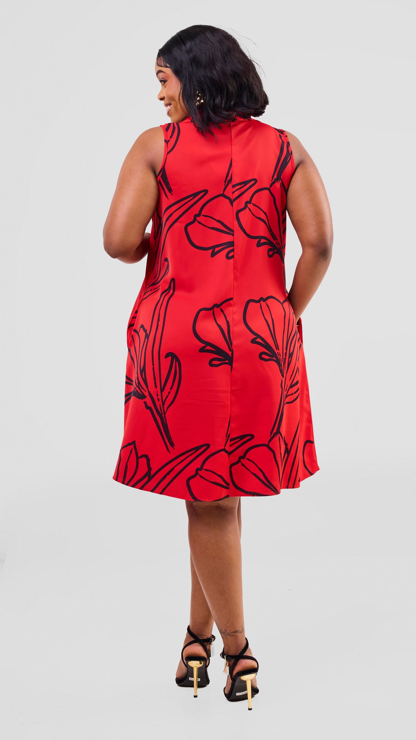 Vivo Asha Sleeveless Knee Length Dress - Red / Black  Nola Print