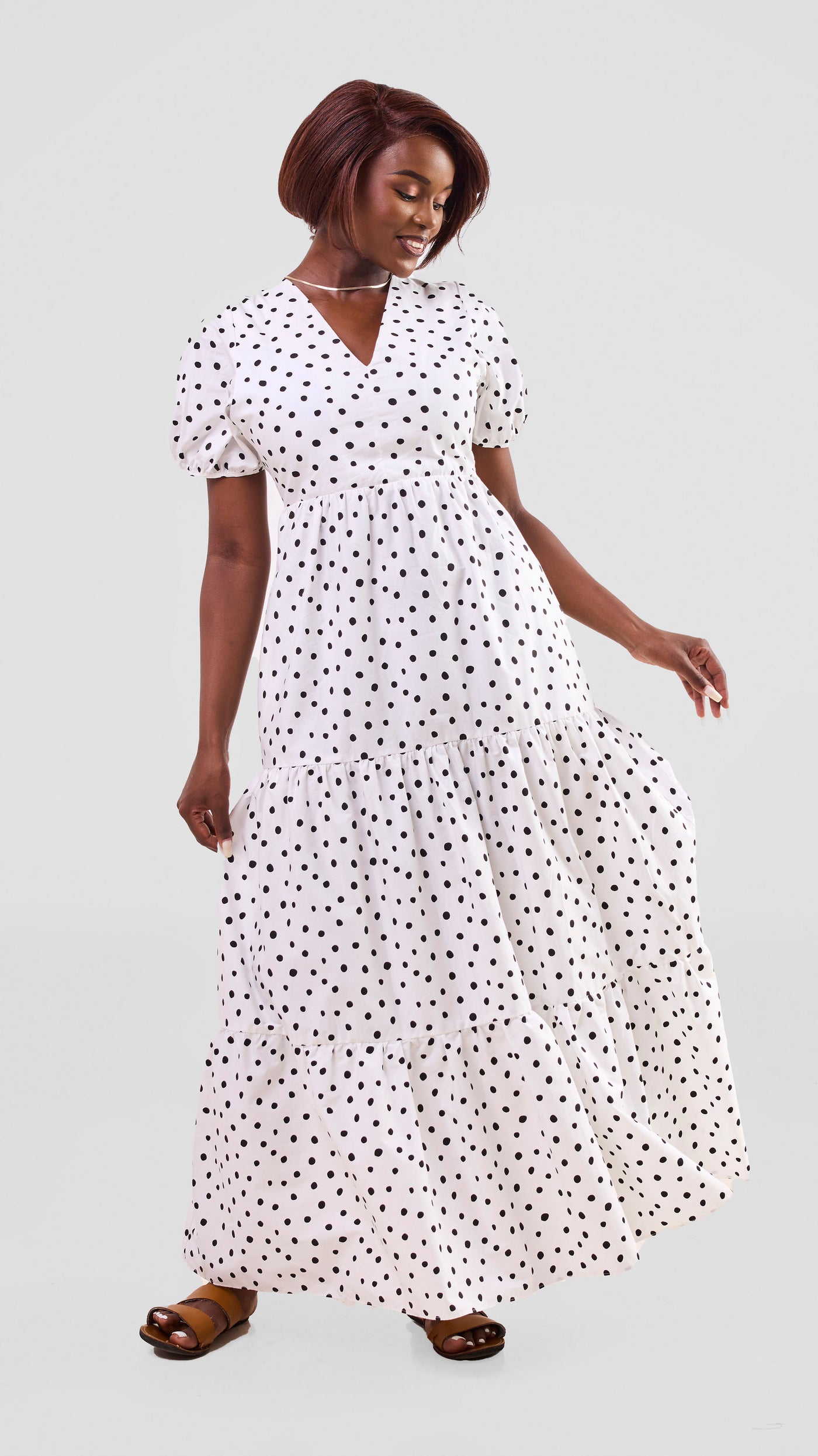 Safari Nazari Three Tiered Maxi Dress - White / Black Polka Dot Print