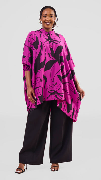 Vivo Wastani 3/4 Shirred Sleeve Wide Tunic - Magenta / Black Zia Print