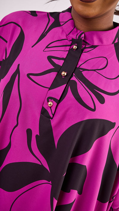 Vivo Wastani 3/4 Shirred Sleeve Wide Tunic - Magenta / Black Zia Print