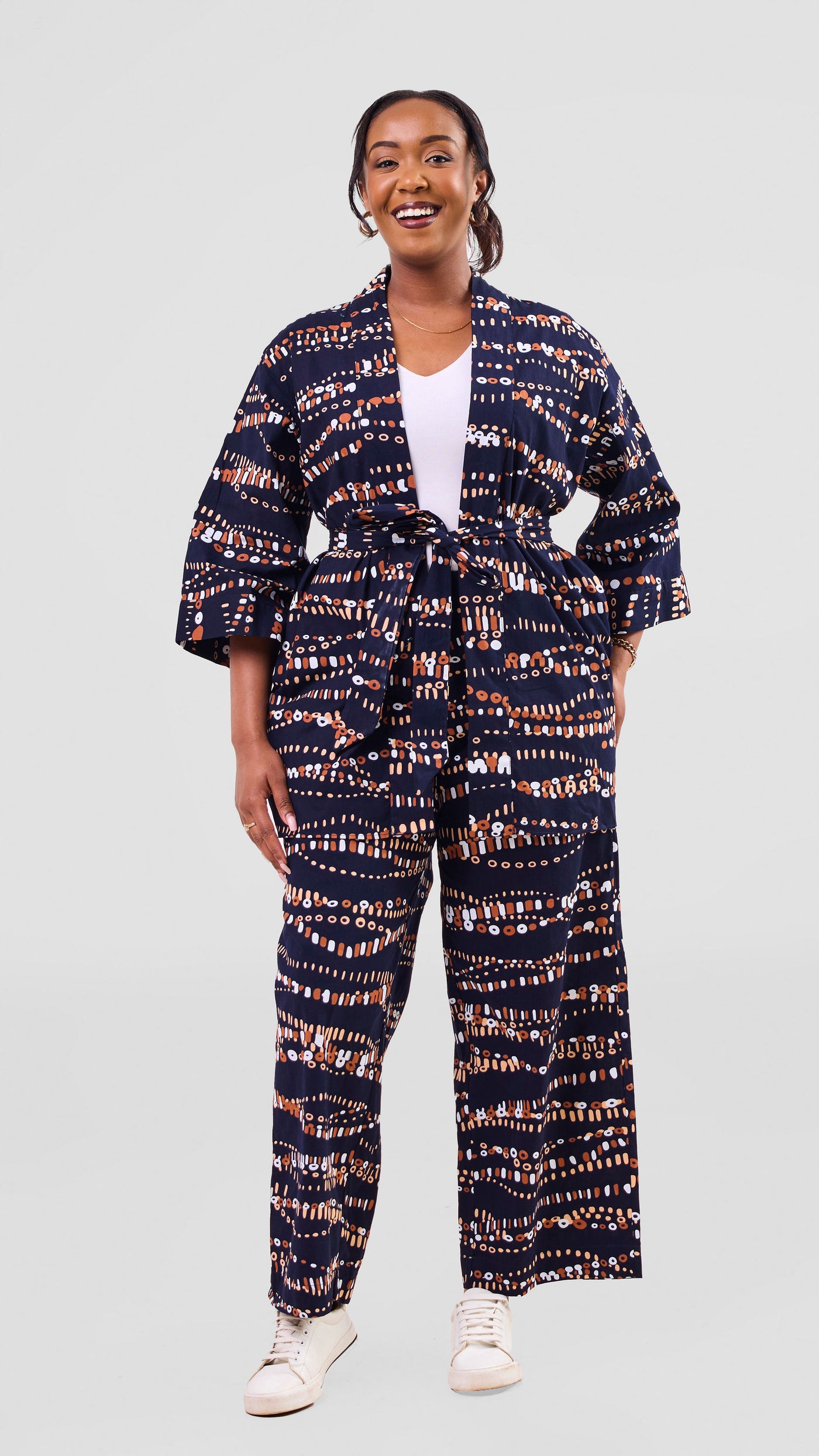 Vivo Short Kimono - Navy / Brown Chiku Print