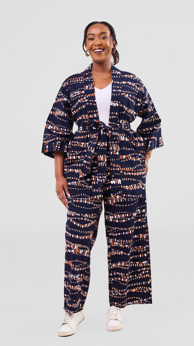 Vivo Short Kimono - Navy / Brown Chiku Print