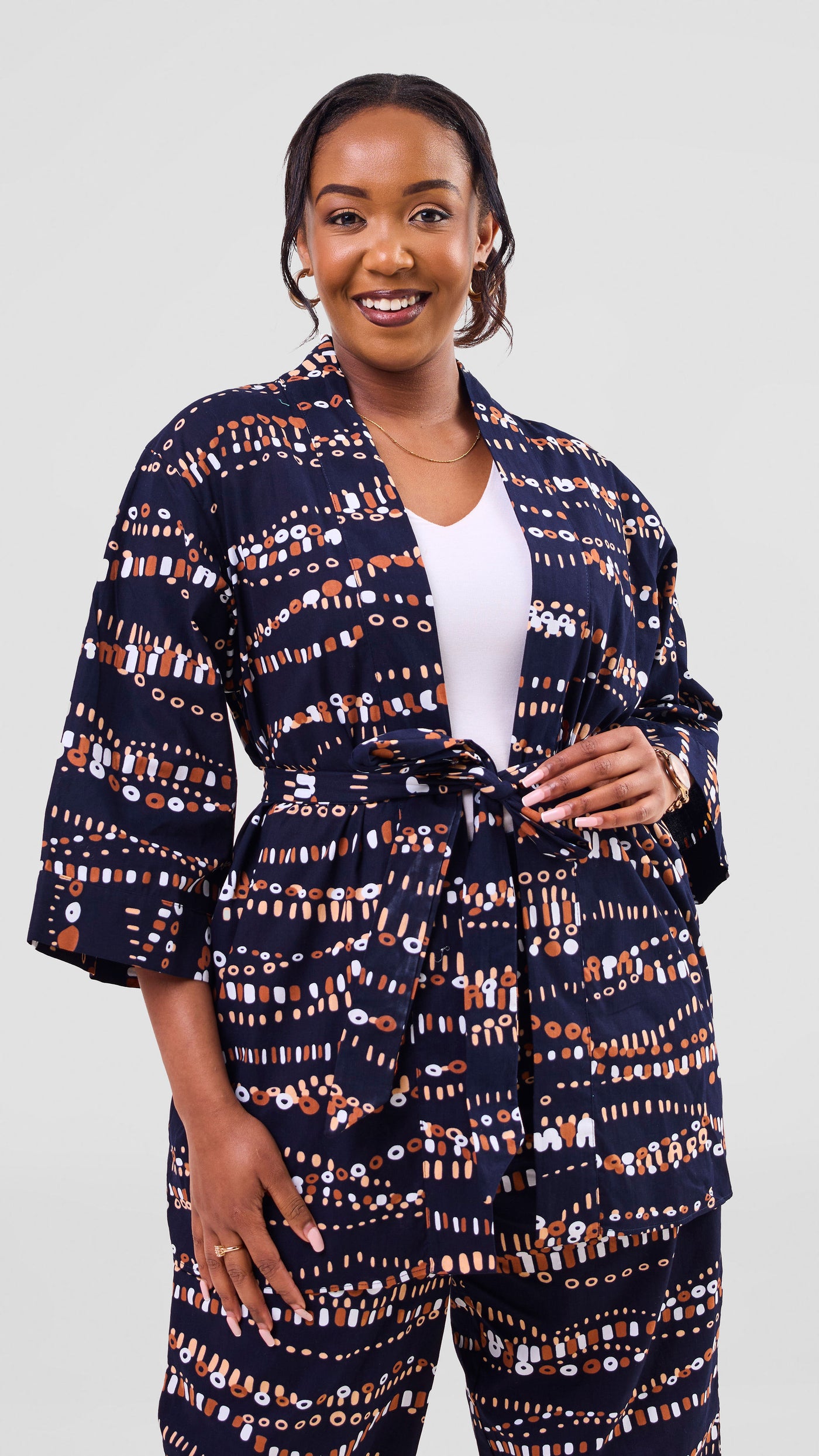 Vivo Short Kimono - Navy / Brown Chiku Print