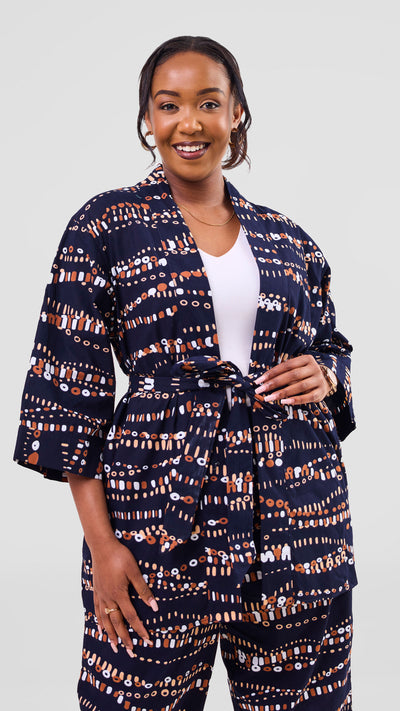 Vivo Short Kimono - Navy / Brown Chiku Print