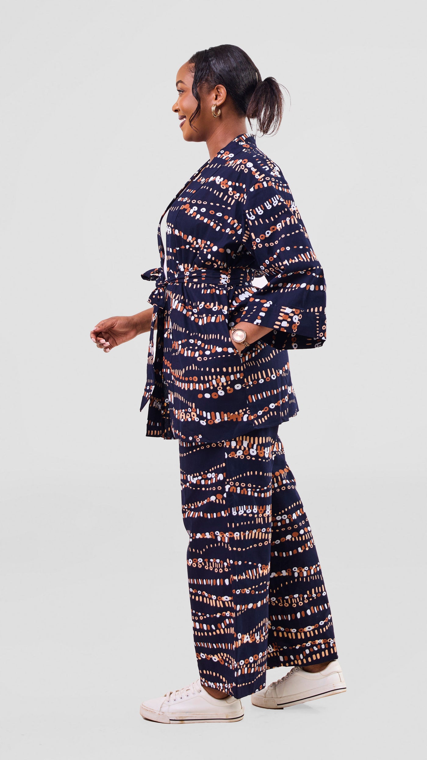 Vivo Short Kimono - Navy / Brown Chiku Print