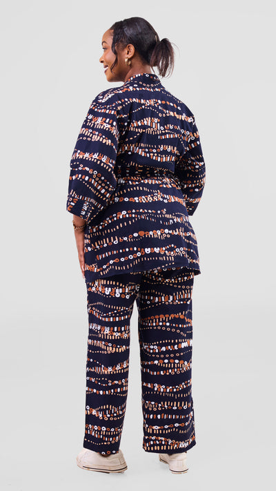 Vivo Short Kimono - Navy / Brown Chiku Print