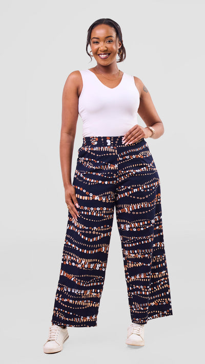 Vivo Kitenge Wide Leg Pants -    Navy / Brown Chiku Print