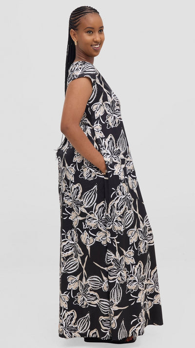 Vivo Sierra Maxi Chiffon Dress - Black / Beige Print - Shopzetu