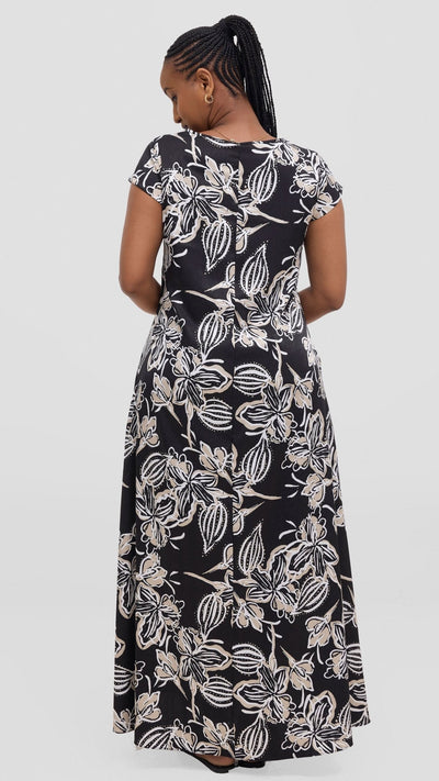 Vivo Sierra Maxi Chiffon Dress - Black / Beige Print - Shopzetu