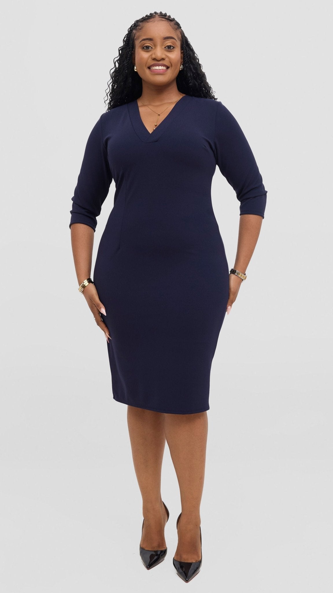 Vivo J.O V - Neck Sheath Dress - Navy Blue - Shopzetu