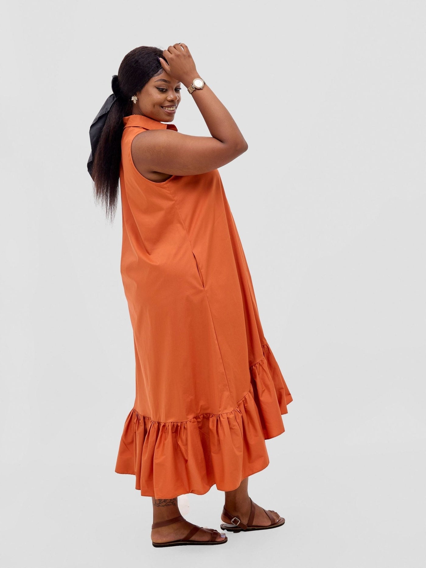 Safari Huru Halter Sleeveless High Low Dress - Rust - Shopzetu