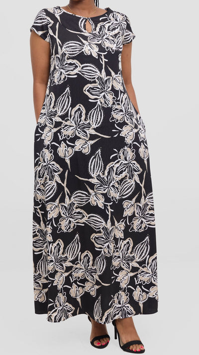 Vivo Sierra Maxi Chiffon Dress - Black / Beige Print - Shopzetu