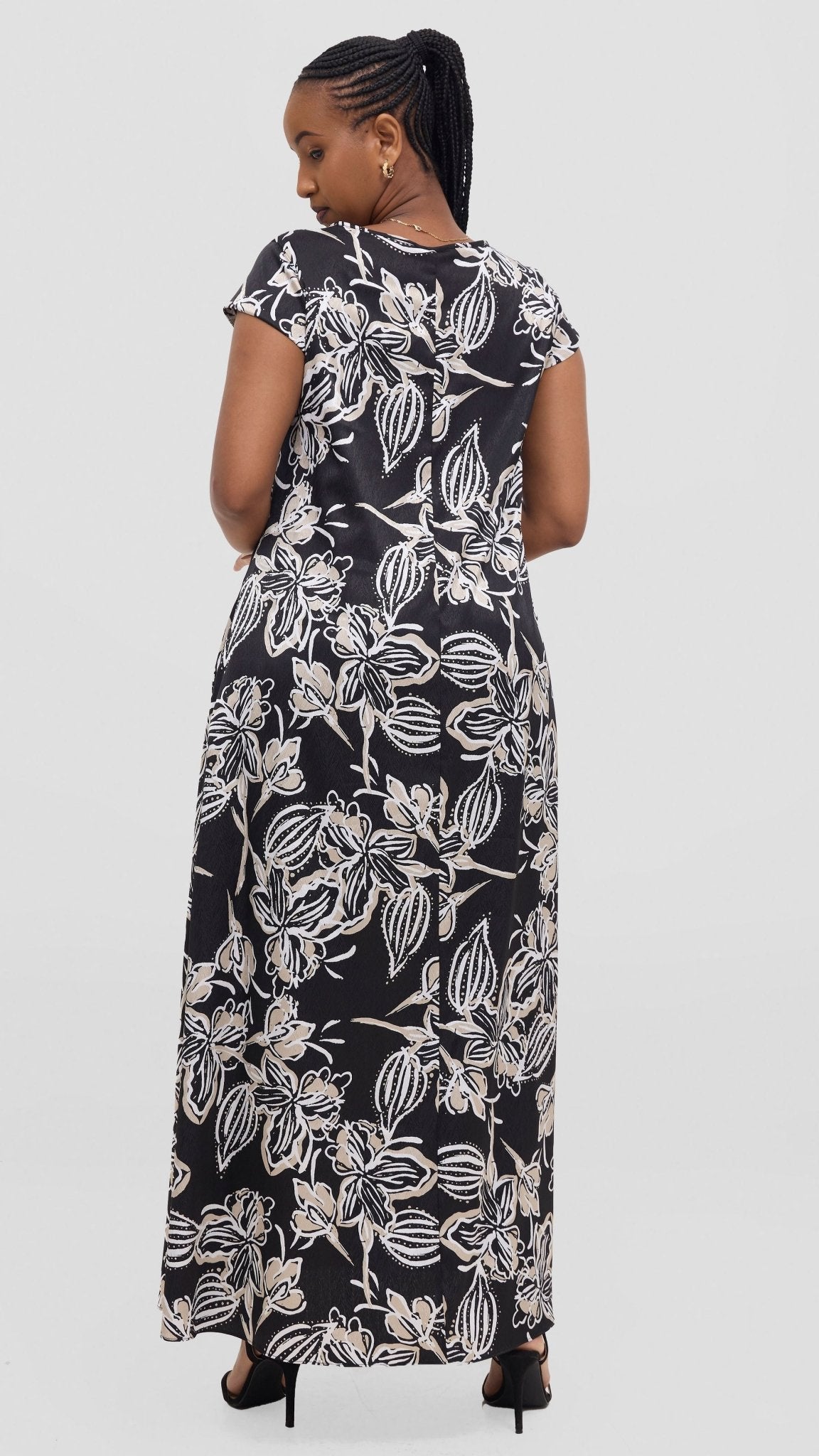 Vivo Sierra Maxi Chiffon Dress - Black / Beige Print - Shopzetu