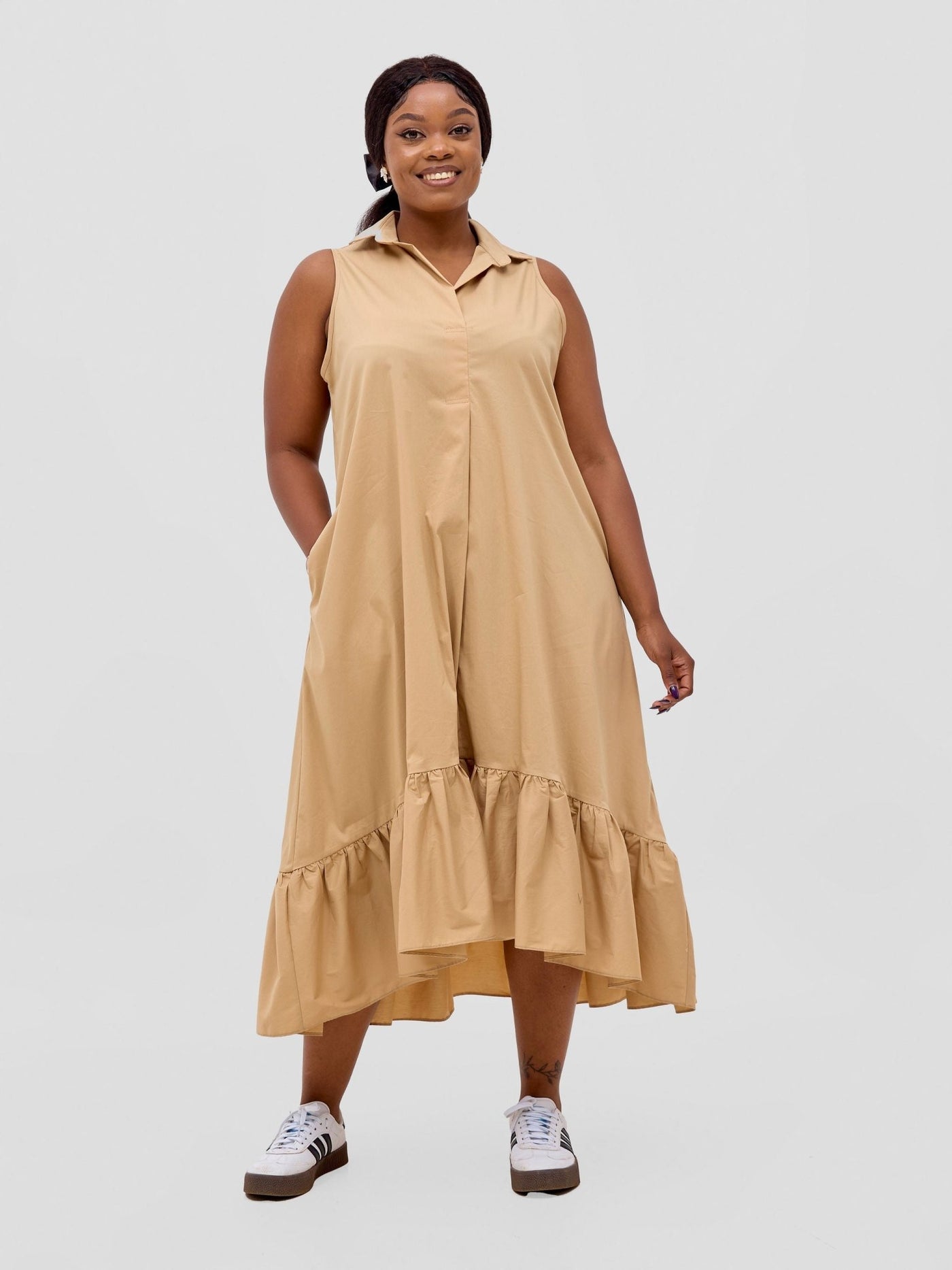 Safari Huru Halter Sleeveless High Low Dress - Taupe - Shopzetu