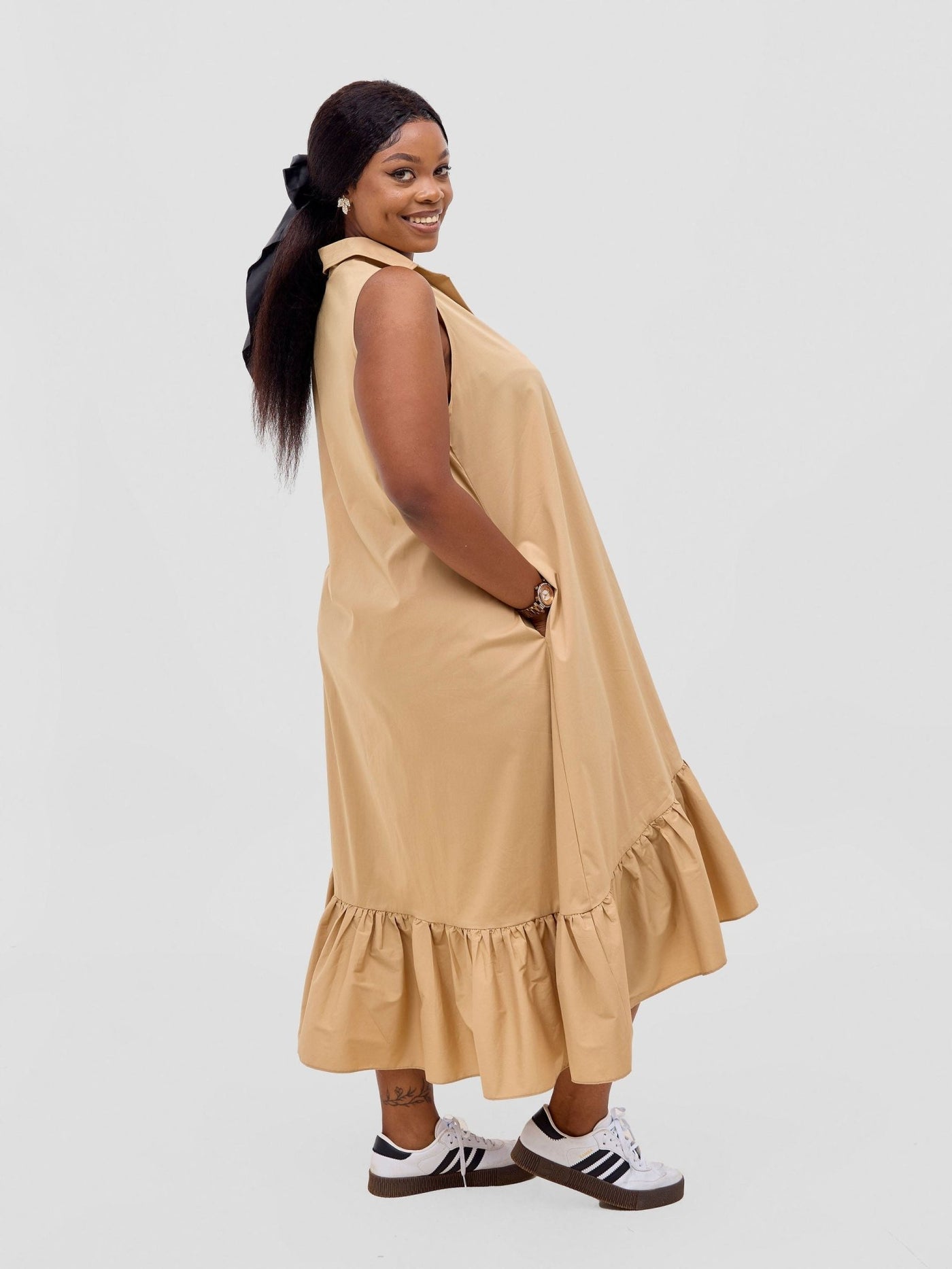 Safari Huru Halter Sleeveless High Low Dress - Taupe - Shopzetu