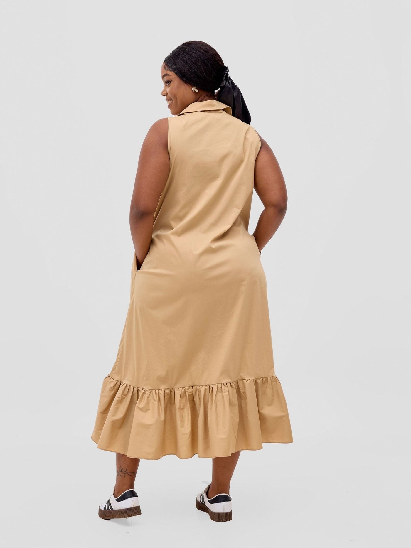 Safari Huru Halter Sleeveless High Low Dress - Taupe - Shopzetu