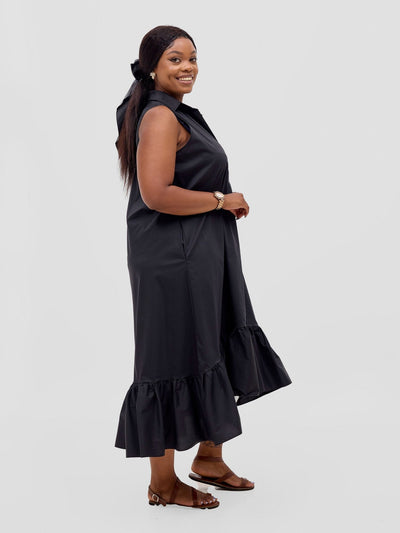 Safari Huru Halter Sleeveless High Low Dress - Black - Shopzetu