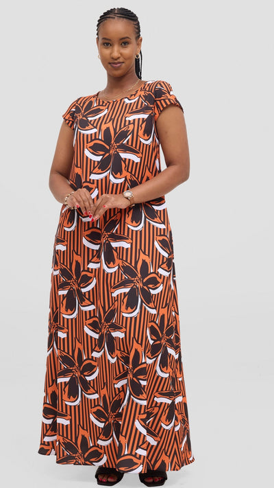 Vivo Basic Round Neck Maxi Dress - Black / Orange - Shopzetu