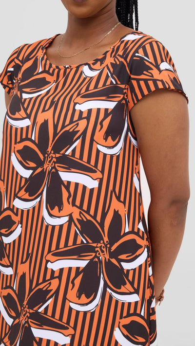 Vivo Basic Round Neck Maxi Dress - Black / Orange - Shopzetu