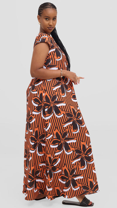 Vivo Basic Round Neck Maxi Dress - Black / Orange