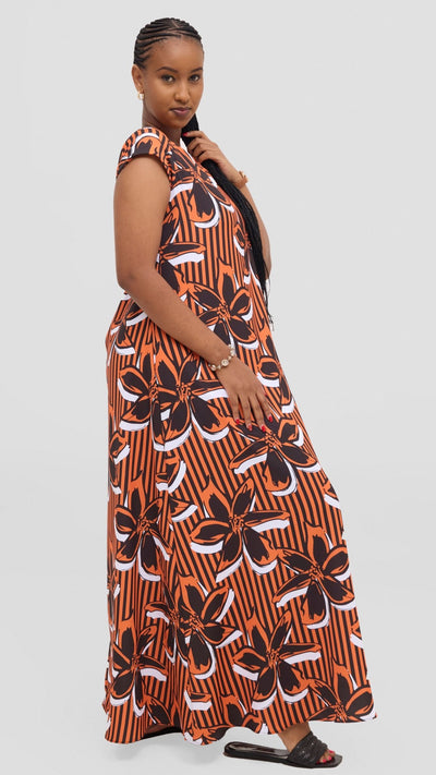 Vivo Basic Round Neck Maxi Dress - Black / Orange - Shopzetu