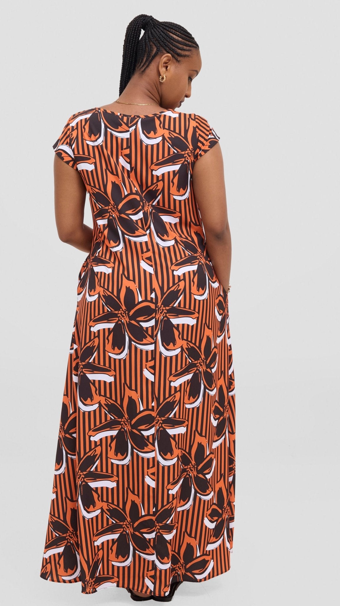 Vivo Basic Round Neck Maxi Dress - Black / Orange - Shopzetu