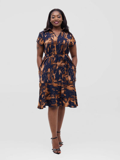 Anel's Knitwear Collar Shift Dress - Navy Blue / Brown Print - Shopzetu