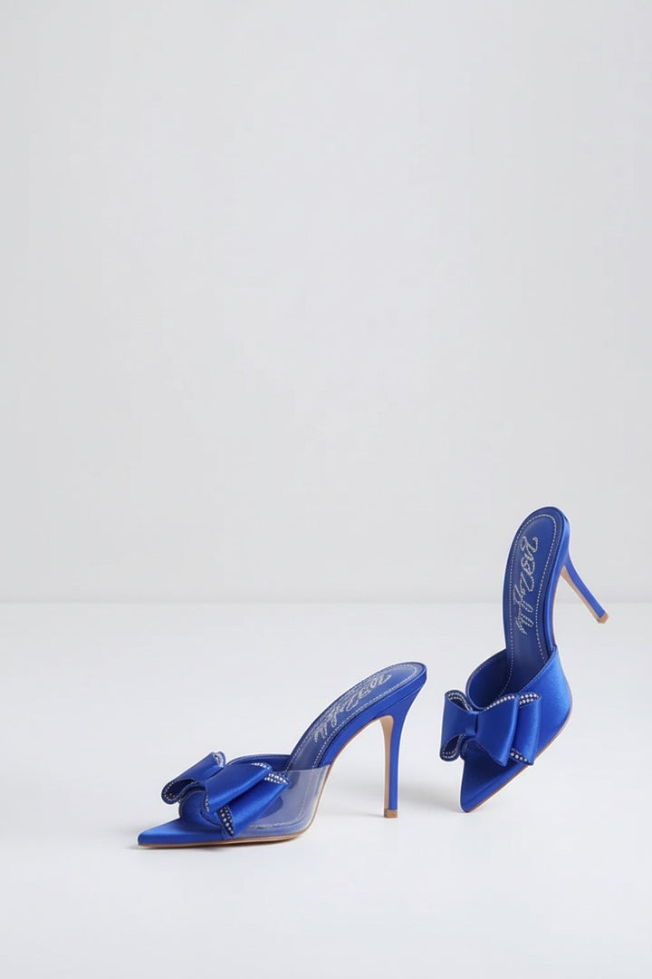 Stylish Sisters Rhinestone Bow Pointy High Heels - Blue